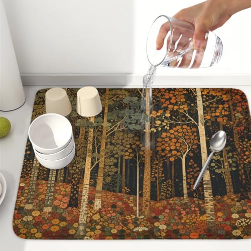 Fall Dish Drying Mat for Kitchen Counter Autumn Forest Vintage Botanical Nature Microfiber Dish Drainer Mat Antique Rustic Farmhouse Absorbent Washable Drying Pad 18"x24" (Fall Forest / 24" x 18")
