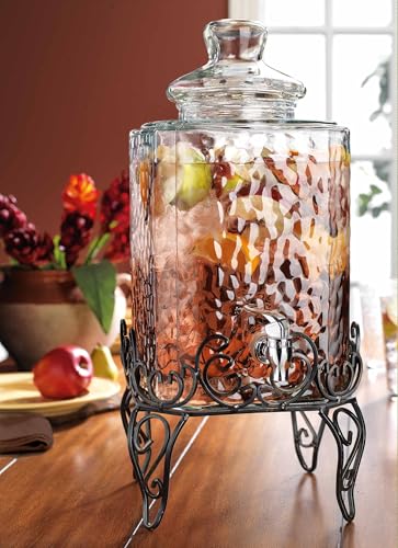 2.5 Gallon Classic Hammered Glass Beverage Dispenser with Elegant Stand (Clear-2.5-Gallon)