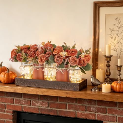 Fall Table Centerpieces for Dining Room Decor with Mason Jar Lights (Orange / Large)