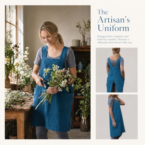 Cross Back Linen Cotton Apron with Pockets (Large / Denim Blue)