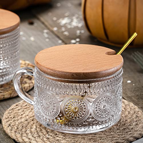 Vintage Glass Coffee Mugs with Wooden Lids 14 Oz Set of 2 Embossed Tea Cups for Cappuccino (Translucent+Lids)