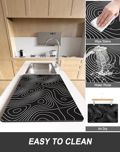 Dish Drying Mat for Kitchen Counter (Black Line Art / 15" x 24")