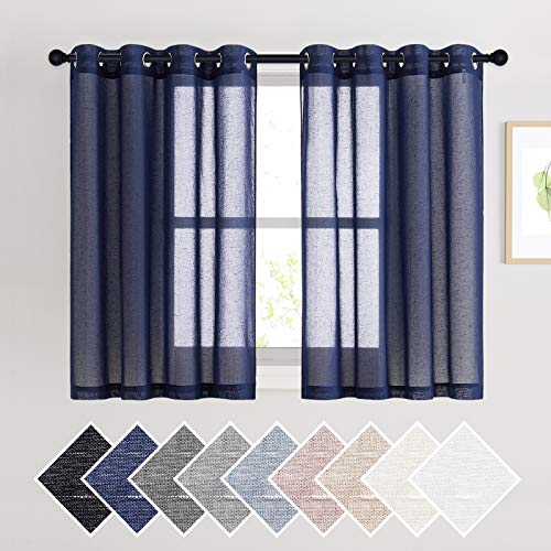 Dark Blue Flax Sheer Linen Curtains for Windows (52"W x 45"L (Pack of 2) / Dark Blue)