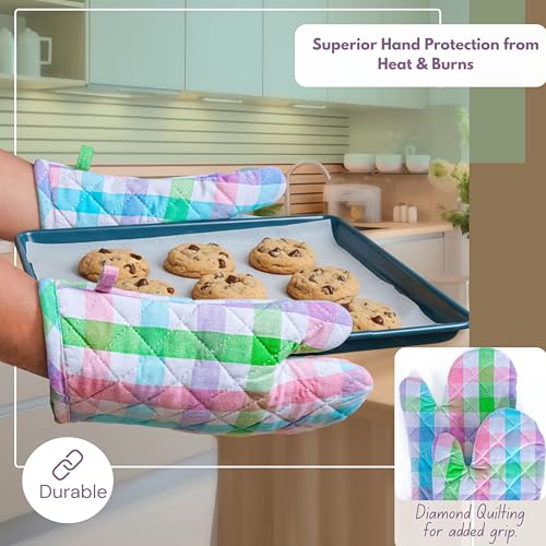 4 Piece Set Gingham Check 2 Oven Mitts & 2 Potholders (Gingham Pastels)