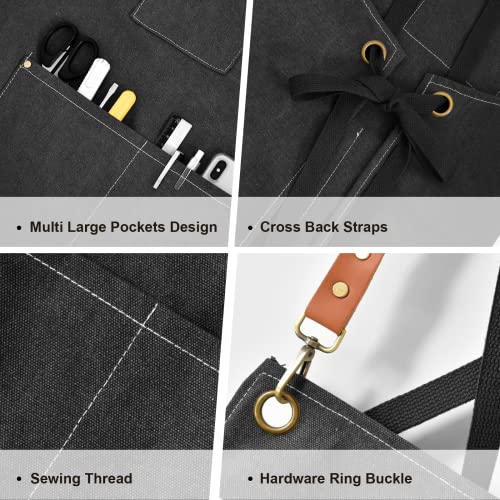 Chef Apron for Men Women Canvas Aprons with 3 Pockets Cross Back Resistant Work Apron for Cooking Grilling Baking BBQ Barber Kitchen (Pure Black)