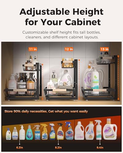 2-Pack 2-Tier Height Adjustable Under Sink Organizer & Storage (Black / Large)