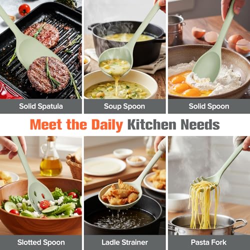 Large Silicone Utensils Set of 7 for Cooking (Green)