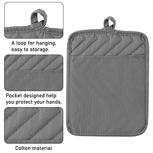 6Pcs Cotton Oven Mitts and Pot Holders Set Durable Hot Pads Machine Washable BBQ Gloves Heat Resistant Pocket Pot Holder with Hanging Loop for Safe Kitchen Baking Cooking Grilling Grey (Gray)