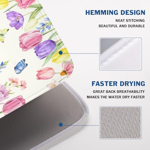 Spring Floral Dish Drying Mat for Kitchen Counter Easter Tulip Lavender Flower Microfiber Dish Drainer Mat Rustic Farmhouse Absorbent Washable Drying Pad Extra Large 18"x24" (Spring Summer Tulip / 24" x 18")