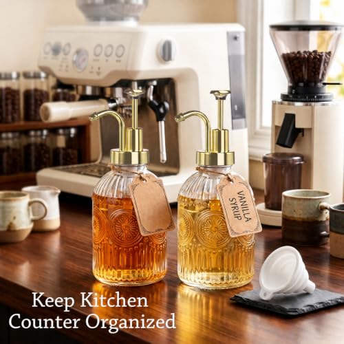 12 oz (350ml) Coffee Syrup Dispenser, Glass Syrup Bottles, 2 Pack (Gold, 2 Pack)