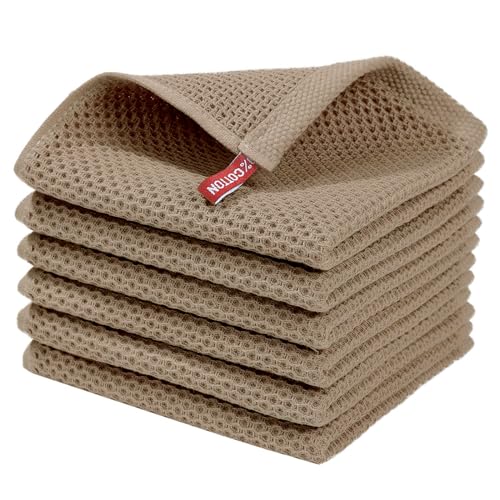 100% Cotton Waffle Weave Kitchen Dish Cloths 6 (Tan / 12 X 12 - 6 Pack)