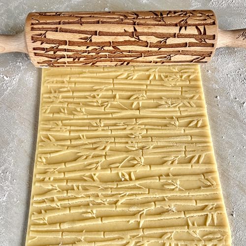 BAMBOO Embossed Rolling Pin for Ceramic. Clay Roller and Ceramic Stamp for Embossing Pottery. Baking Gifts for Women by Algis Crafts for Embossed Cookies