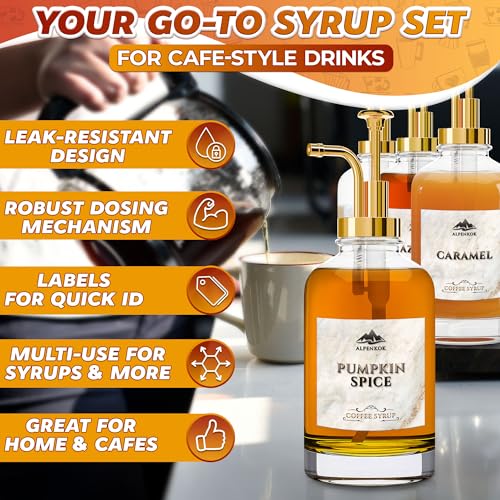Set of 4 Glass Syrup Bottles with Pumps (Gold)