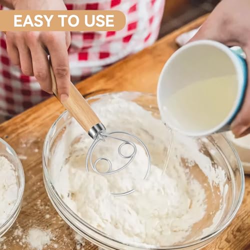 Danish Dough Whisk Dutch Bread Mixer Stainless Steel Hook Wooden Handle Baking Tools for Sourdough Pizza Pastry Cake Batter Making (White Wax Wood-2K / 1 Pack)