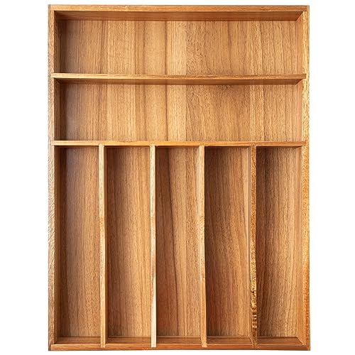Silverware Organizer Kitchen Drawer Organizer Utensil Organizer Acacia Silverware Holder Cutlery Organizer in Drawer Flatware Organizer Tray (7 Slots / Acacia)