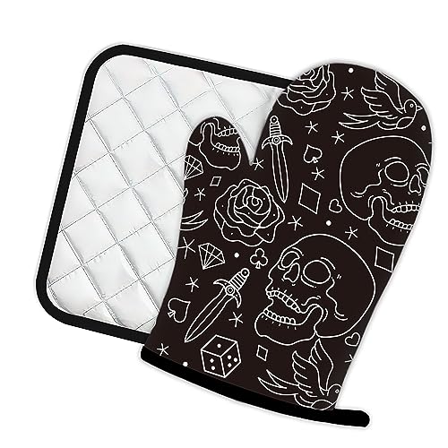 Skull Head with Rose Oven Mitts and Pot Holders Kitchen Cooking Gloves 2 Pcs Set Heat Resistant Pad for Baking BBQ Home Decor (Skull Head With Rose)