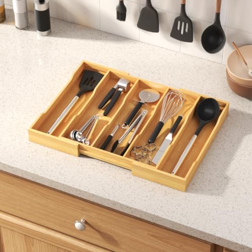 Bamboo Utensil Organizer for Kitchen Drawer (Natural / 12.6~22.8''W x 14'' D)