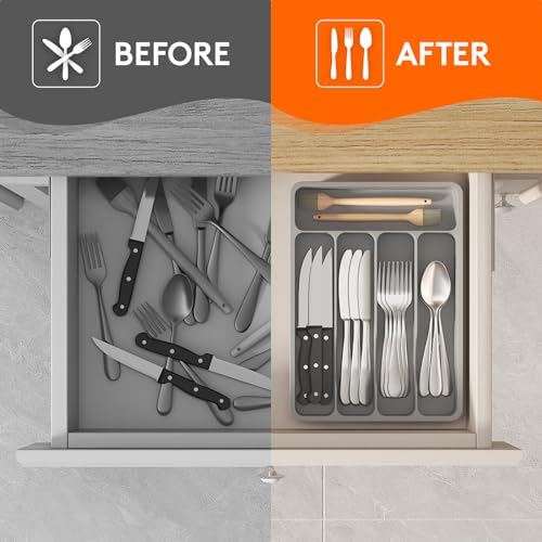 Silverware Drawer Organizer Tray (Gray / 9.1 x 12.6 inch (5 Slots))