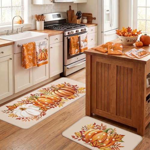 10 Pcs Fall Kitchen Decor Pumpkin Kitchen Accessories Sets (Orange,off-white / Maple Leaves)