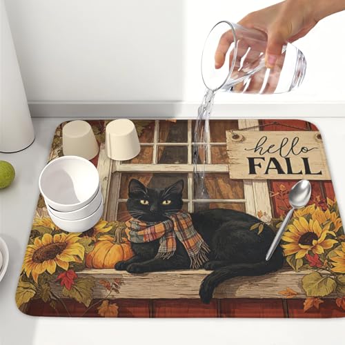 Fall Dish Drying Mat for Kitchen Counter Vintage Autumn Cat Sunflower Pumpkin Microfiber Dish Drainer Mat Rustic Farmhouse Absorbent Washable Drying Pad Extra Large 16"x18" (Fall Cat / 18" x 16")