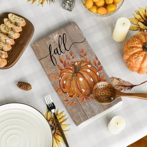 Wood Pumpkin Leaves Fall Kitchen Towels Set of 2 18x26 Inch (Wood/Orange)