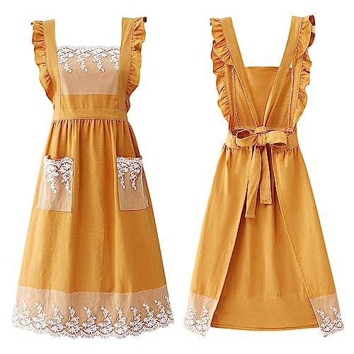 Cute Cotton Apron Frilly Lace Ruffle Adjustable Pinafore Apron Dress with Pockets for Cooking Baking Cleaning Gardening (Yellow)