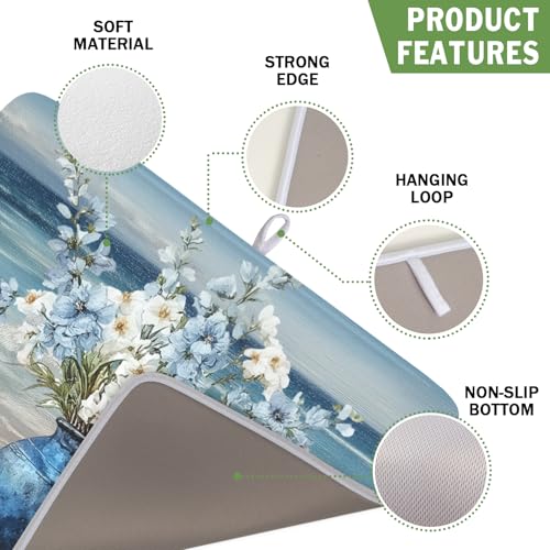 Summer Beach Dish Drying Mat for Kitchen Counter Nautical Coastal Blue Ocean Vase Floral Seashells Microfiber Dish Drainer Mat Absorbent Washable Drying Pad 16"x18" (Summer Beach / 18" x 16")