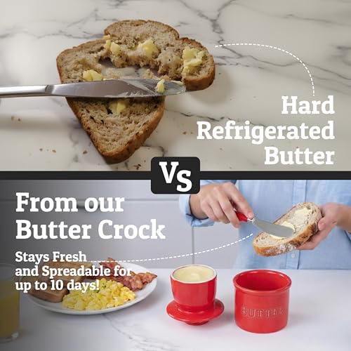 Butter Crock with Lid for Countertop with Spreader Knife and Water Line (Red / Regular)