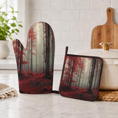 Forest Oven Mitts and Pot Holders Sets Red Trees Landscape Silicone Heat Resistant Kitchen Oven Gloves Pot Holder for Cooking Baking Grilling BBQ (Forest)