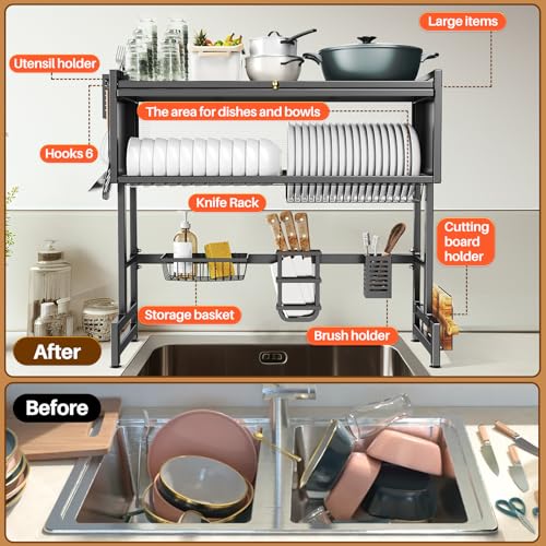 Over The Sink Dish Drainer Drying Rack 3 Tiers with Cover (Black / 33.4in)