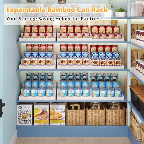 3 Tier Expandable Bamboo Can Organizer for Pantry (12.4"-24"W × 10.8"D × 4.5"H / White)