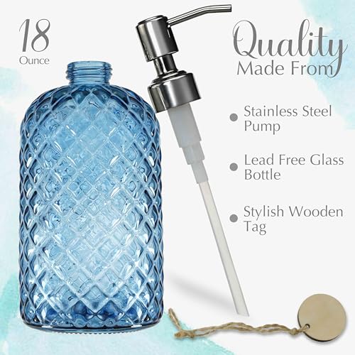 18Oz Gem Patterned Glass Soap Dispenser for Kitchen and Bathroom (Navy Blue)