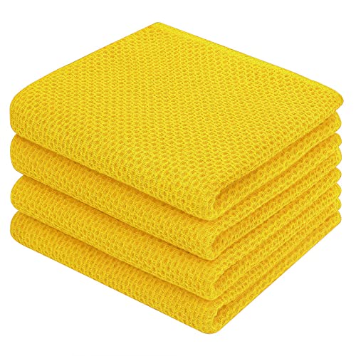 100% Cotton Waffle Weave Kitchen Dish Towels 4 (Yellow / 13 X 28 - 4 Pack)