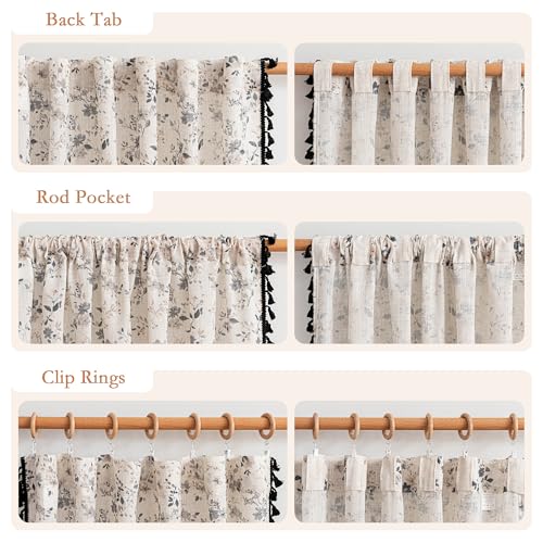 Farmhouse Floral Boho Linen Blend Curtains with Black Tassels 63 Inch Length 2 Panels Semi Sheer Light Filtering French Cottage Bedroom Drapes Back Tab (Black / 50"W x 63"L (Pack of 2))