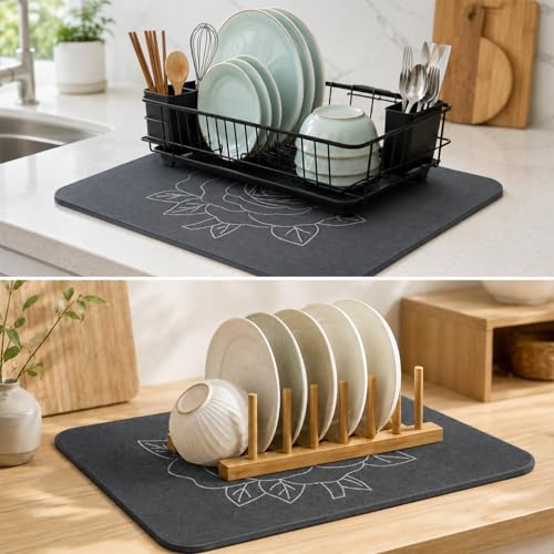 Stone Dish Drying Mat for Kitchen Counter (Silver & Grey / 16"×12")