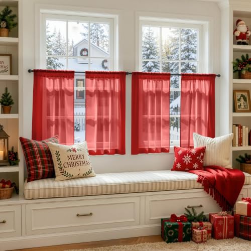 Red Christmas Sheer Curtains 63 Inches Long 4 Panels 42 x 63 Inches (42"W x 63"L (Pack of 4) / Red)