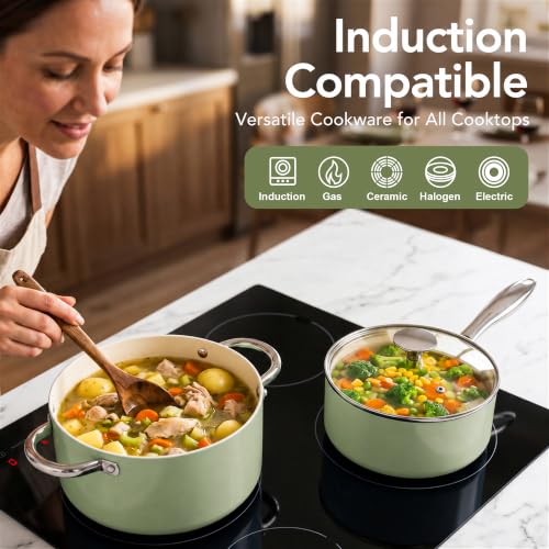 Pots and Pans Set Non Stick 8 Piece Ceramic Cookware Set Green (Green)