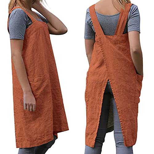 Cotton Linen Apron Cross Back Apron for Women with Big Pockets Square Pinafore Dress for Baking Cooking BBQ & Grill Orange 2XL (Orange / XX-Large)