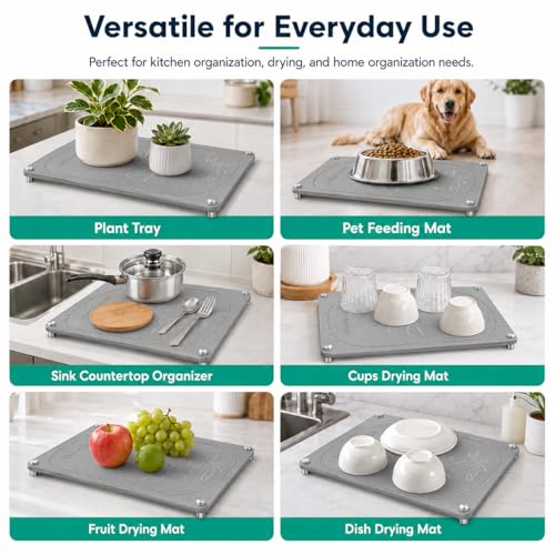 Stone Drying Mat For Kitchen Counter Superb Absorbent Diatomaceous Earth Mats with Non (Floral-MediumGray / 15.7" x 11.8")