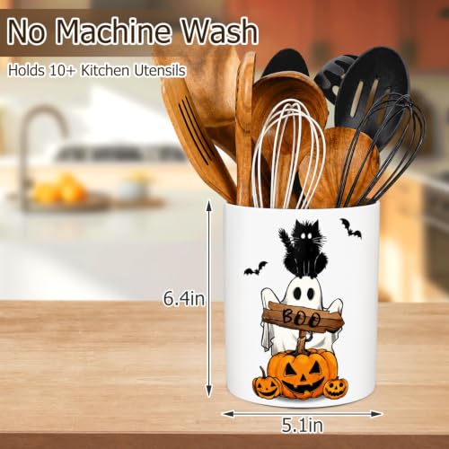 Halloween Utensil Holder Ghost Pumpkin Black Cat Ceramic Kitchen Crock Kitchen Decor for Trick or Treat Cooking Tools Organizer Storage Container Spoon Forks Countertop Supplies (Halloween)