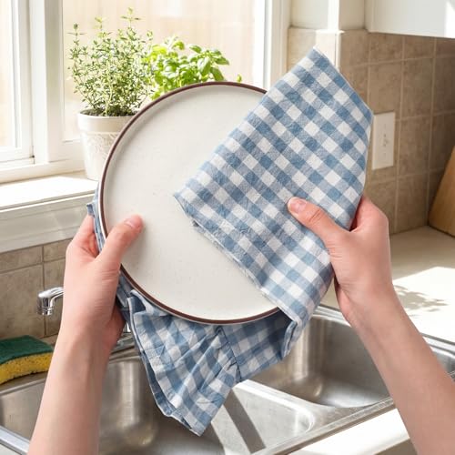 2 Pcs Dusty Blue Gingham Kitchen Towels Cotton Ruffle Dish Towel (Dusty Blue / Gingham)