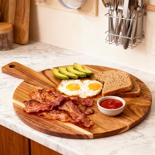 Large Acacia Wood Cutting Board with Handle 17''X13'' (BigRound-17x13)
