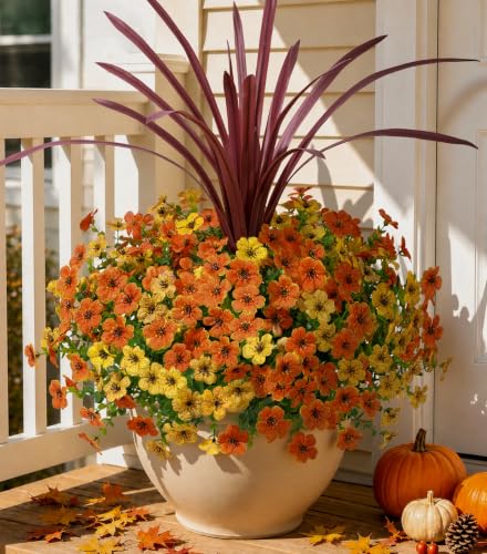 Artificial Fall Flowers Faux Mums for Outdoor Indoor Garden Home Decoration (Orangeyellow)