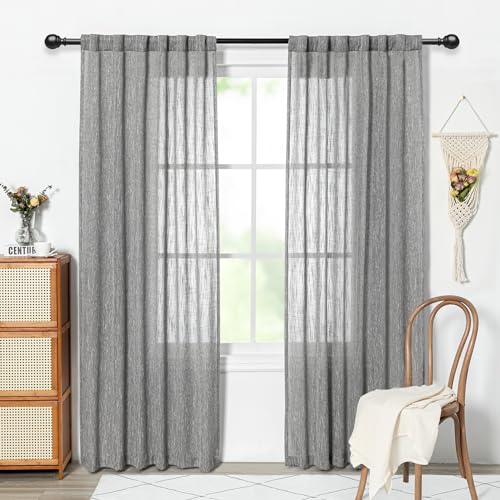 Living Room Curtains Semi Sheer Light Filtering Privacy Drapes Linen Look Textured Boho Home Decor (50"W x 84"L (Pack of 2) / Dark Grey)