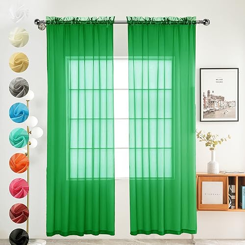 Solid Sheer Rod Pocket Curtain Voile Draperies 2 Panels White Beige Black Grey Coffee 52 Inch Width 63 Inch Long 1 Pair for Kitchen Bedroom Children Living Room Yard (Green / 52"W x 63"L (Pack of 2))