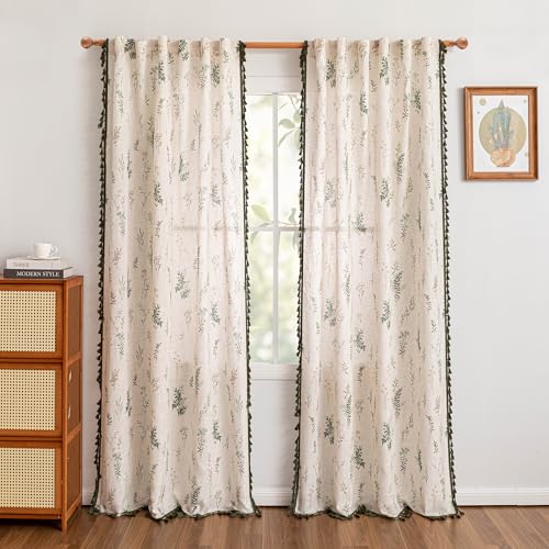 Linen Boho Floral Curtains 84 inches Long 2 Panels with Green Tassels Leaf Patterned Spring Vintage Cottage Core Light Filtering Semi Sheer Curtains for Living Room Bedroom (Green / 50"W x 84"L (Pack of 2))