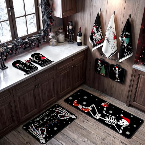 10 Pcs Christmas Skeleton Kitchen Decor and Accessories Set Kitchen Towels Pot Holders Oven Mitts Rugs and Tape for Baking Cooking BBQ Festive Housewarming Gifts (Black,white / Halloween Skeleton)