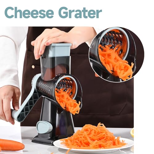 Rotary Cheese Grater with Handle Kitchen Shredder Slicer Grater Slicer Ice Shaver Cheese Vegetable Nuts Potato Zucchini Chocolate 3 Interchangeable Blades (9.06"L x 4.33"W x 9.07"H / GreyBlue)