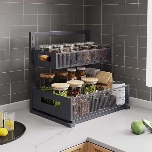 Under Sink Organizer Pull Out Cabinet Organizer Adjustable Height 2 Tier with Sliding Drawers Kitchen Bathroom Organizer and Storage (gray / Extra Large-1 pack)