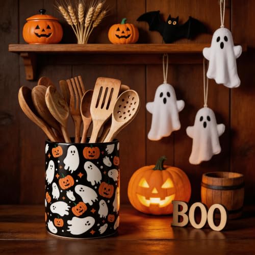 Halloween Ceramic Utensil Holder Ghost Pumpkin Kitchen Crock (Halloween Black Ghost)